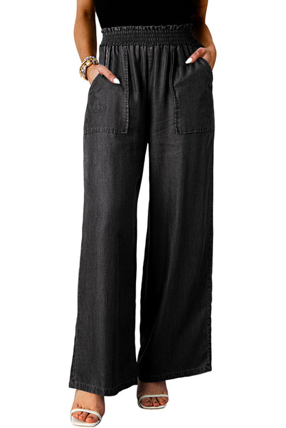 Frilled Smocked High Waist Wide Leg Jeans