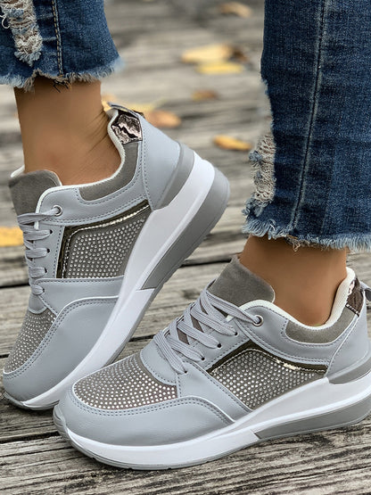 Women's Lace-Up Rhinestone Wedge Sneakers