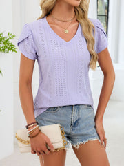 Rayon Blend Eyelet Petal Sleeve V-Neck T-Shirt