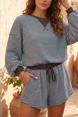 Stripe Oversized Long Sleeve Top Drawstring Loose Shorts 2pcs Set
