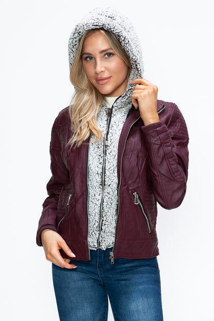 Women's Faux Layered Double-Zipper Jacket with Fuzzy Hood