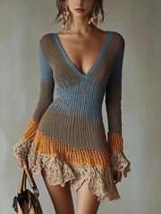 Color Block V-Neck Sweater Mini Dress