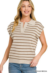 Zenana Viscose Striped Collared Sweater Vest