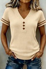 Ribbed Knit Striped Trim Short Sleeve Sweater