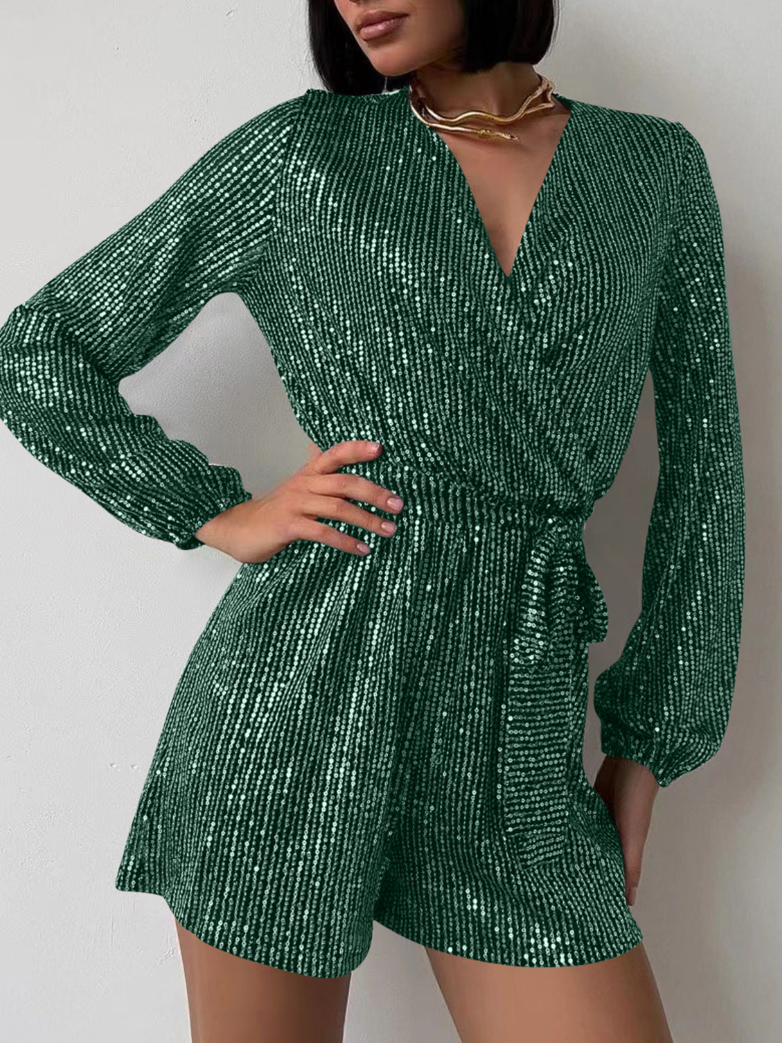 Sequin Surplice Tie Waist Long Sleeve Romper