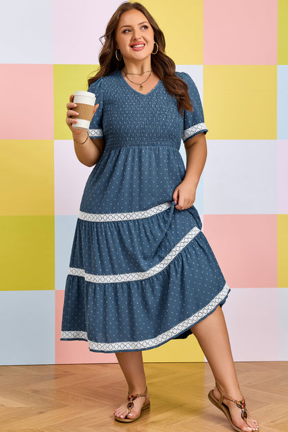 Plus Size Swiss Dot Lace Patchwork Detail Flared Midi Dress