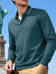 Men's Full Size Classic Long-Sleeve Polo Shirt with Contrast Trim Plus Size