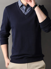 Men's Cotton Blend Long Sleeve Striped Collar Polo