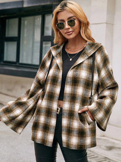 Women's Ivy Lane Pocketed Plaid Long Sleeve Hooded Jacket