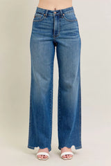 Judy Blue Full Size High Waist Tummy Control Chew Hem Destroy Wide Jeans Plus Size