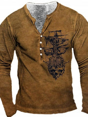 Men's Vintage Pirate Ship Skull Print Shirt