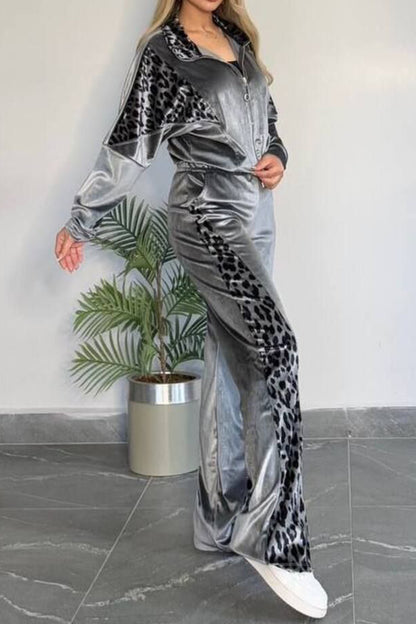 Collared Neck Leopard Zip Up Top and Pants Set