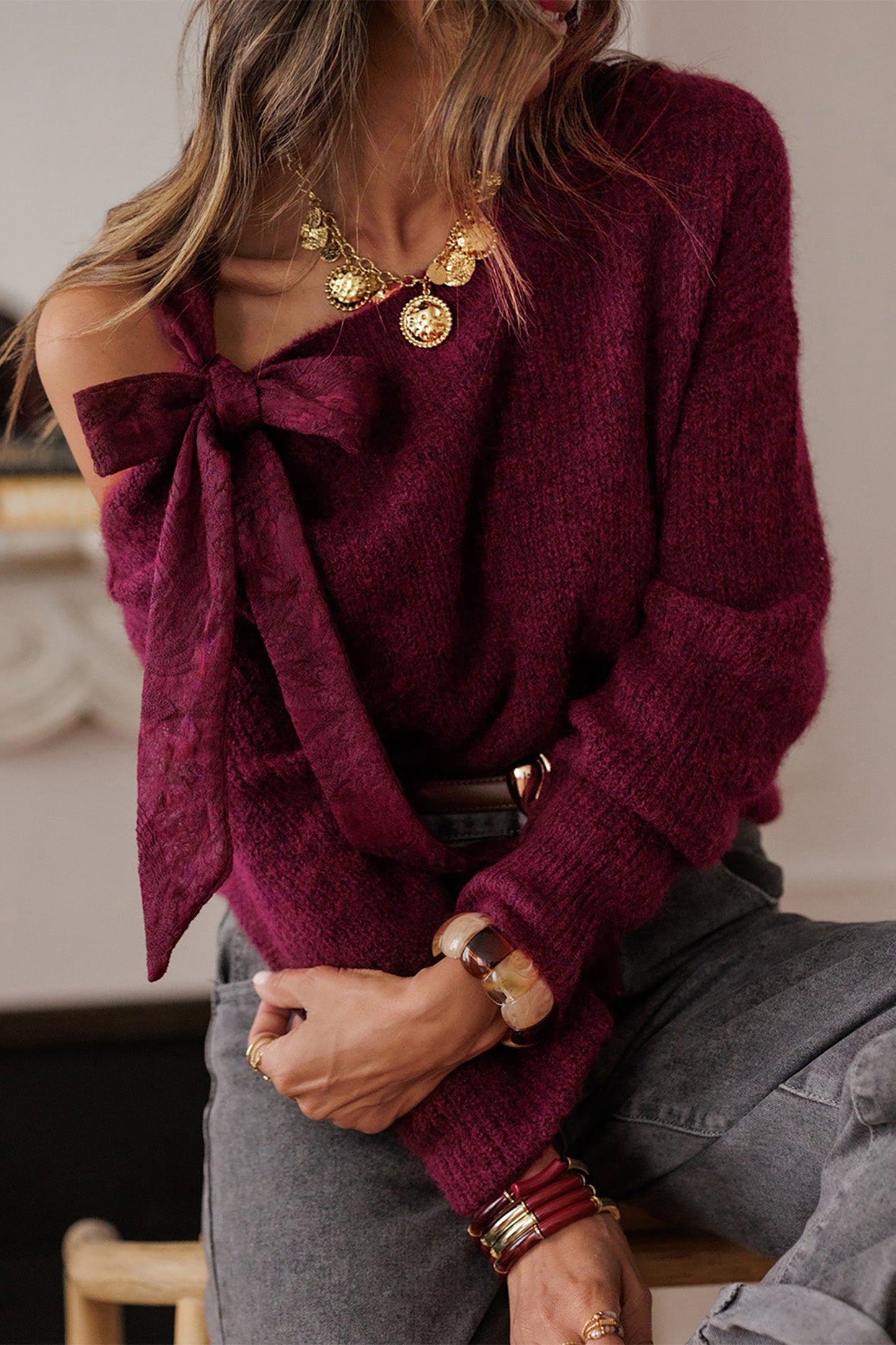 Lace Bowknot Asymmetric Neck Sweater