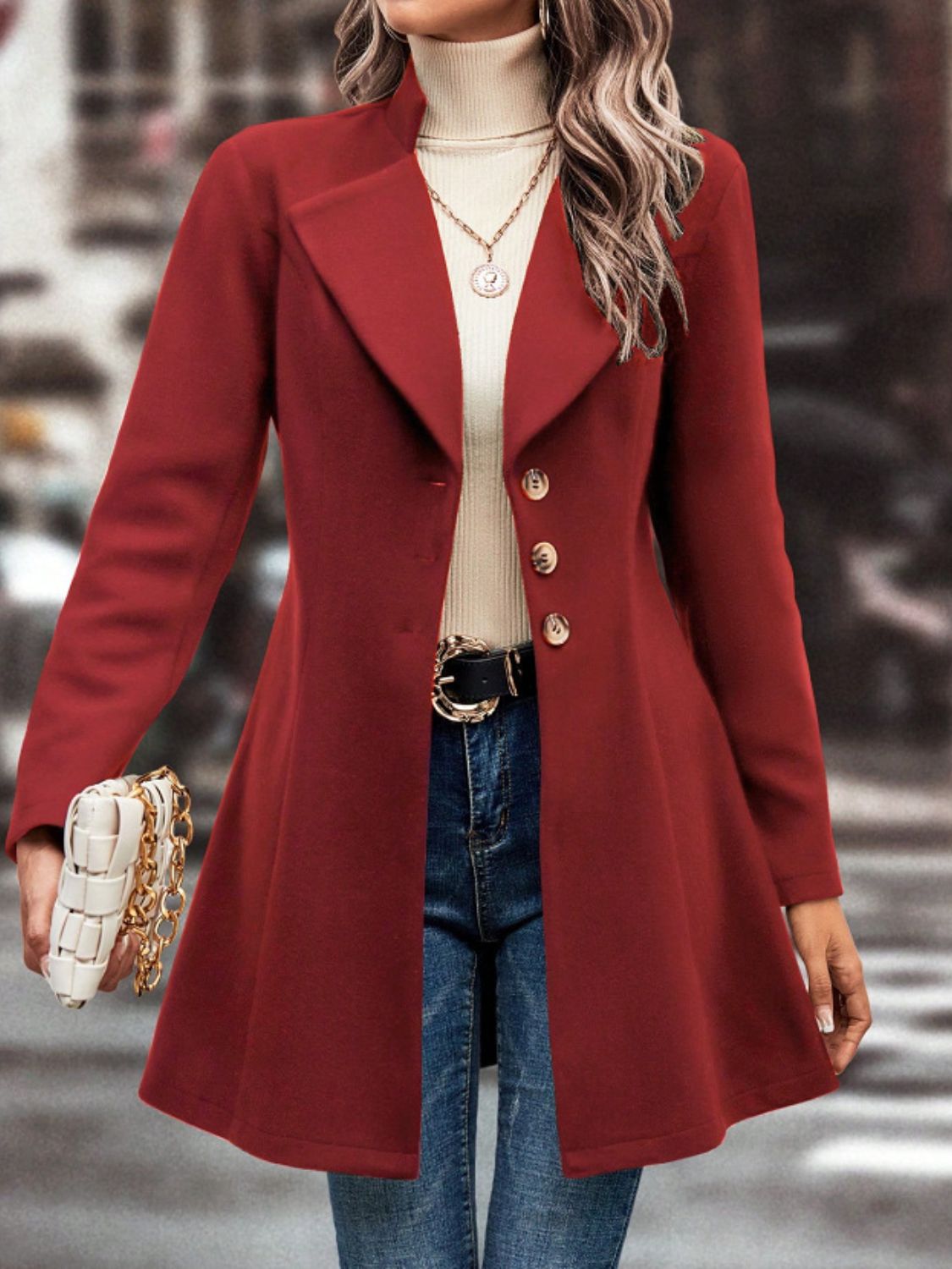 Women's Collared Neck Button Up Long Sleeve Coat