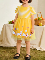 Children's Bunny & Floral Striped Tulle Dress