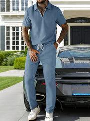 Men's Casual Zipper Polo Shirt and Drawstring Pants Set
