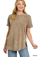 Zenana French Terry Washed Curved Hem Top