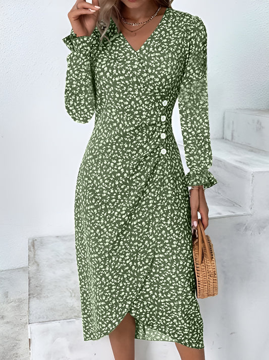 Printed Surplice Long Sleeve Midi Dress