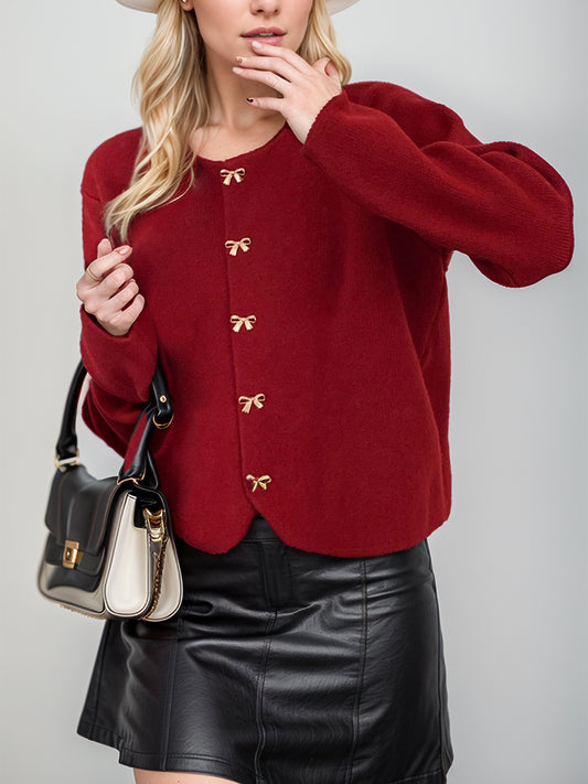 Bow Button Down Round Neck Long Sleeve Cardigan