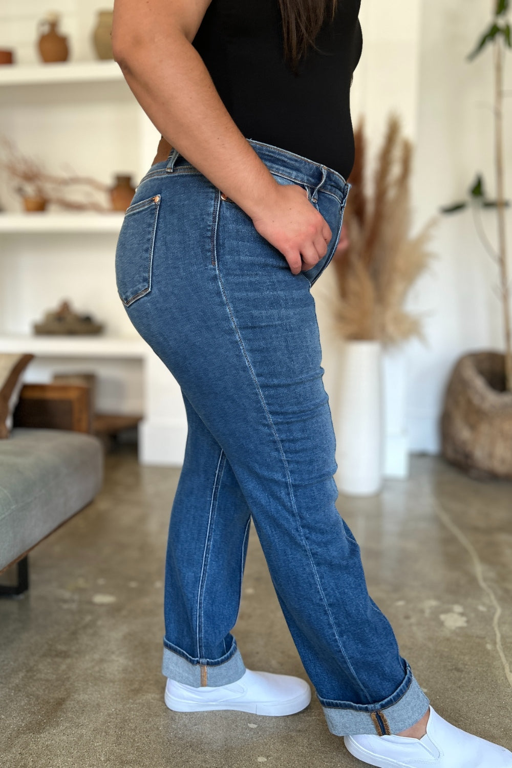 High Waist Front Seam Detail Straight Jeans