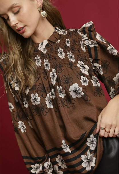 Mix Floral Smocked Ruffle Blouse