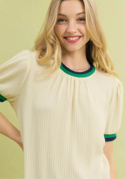 Puff Sleeve Knit Top with Contrast Rib Trim