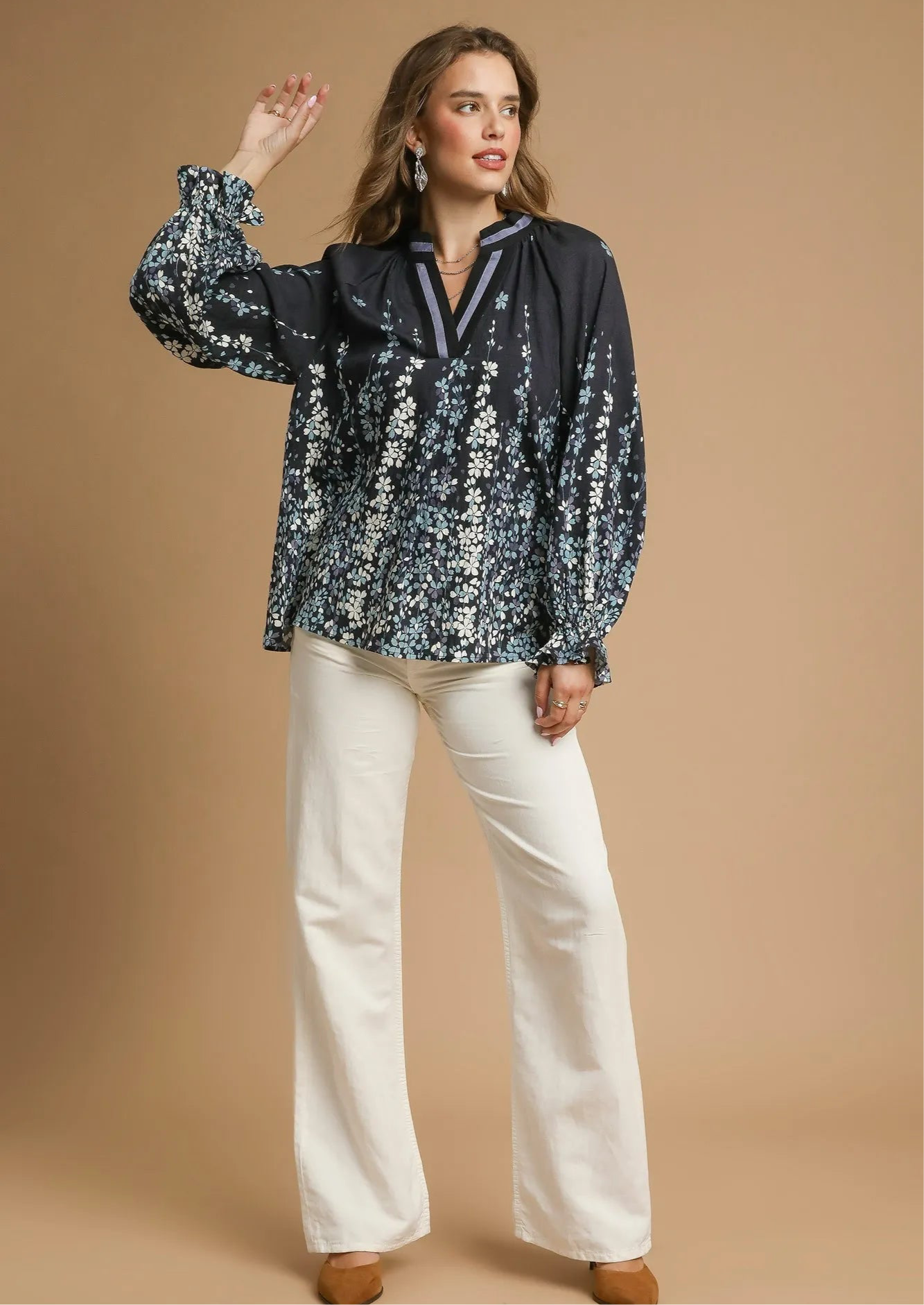 Floral Print Blouse with Balloon Sleeves