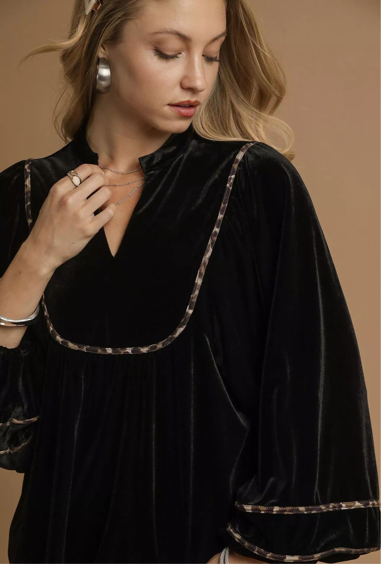 Velvet Contrast Trim Blouse