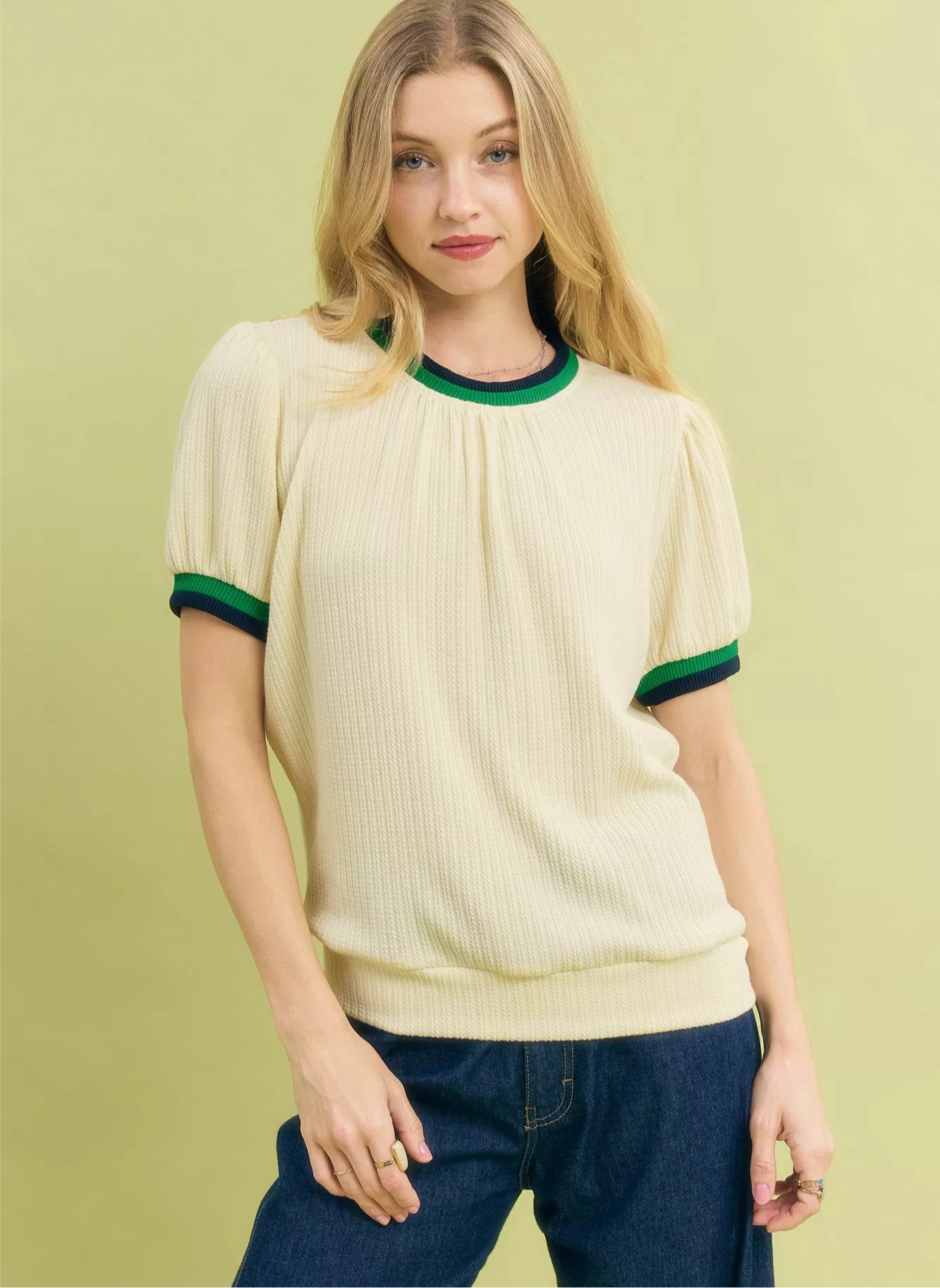 Puff Sleeve Knit Top with Contrast Rib Trim