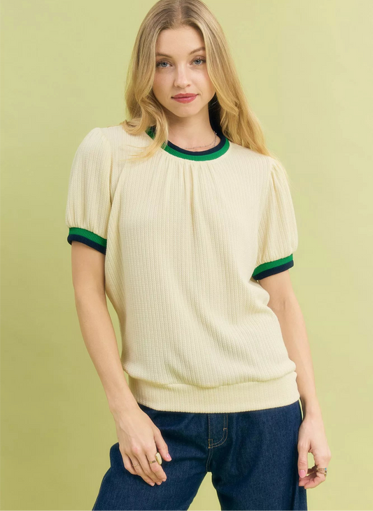 Puff Sleeve Knit Top with Contrast Rib Trim