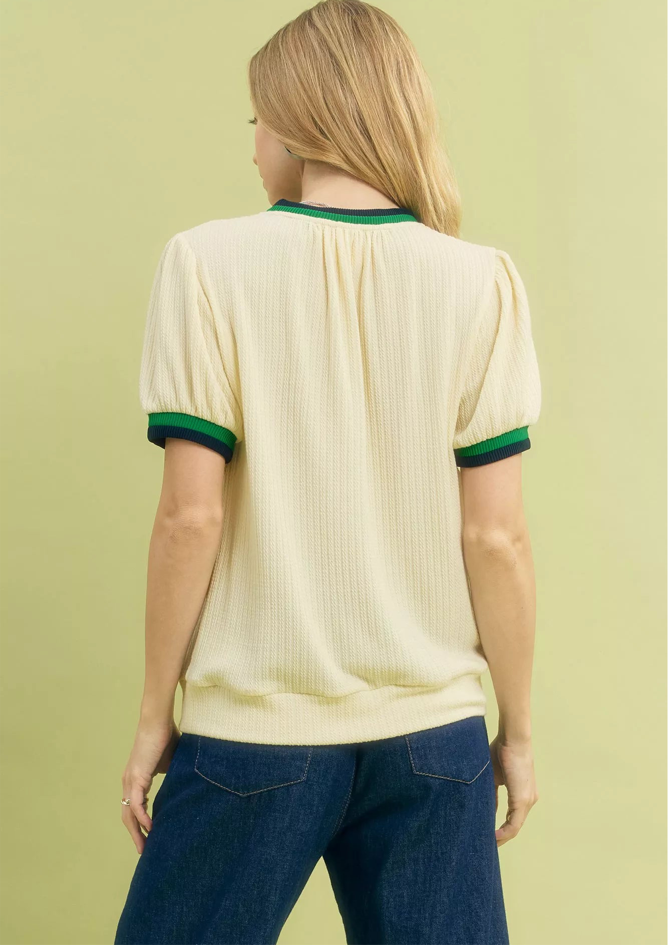 Puff Sleeve Knit Top with Contrast Rib Trim