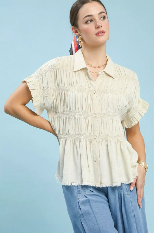 Linen-Cotton Blend Smocked Top
