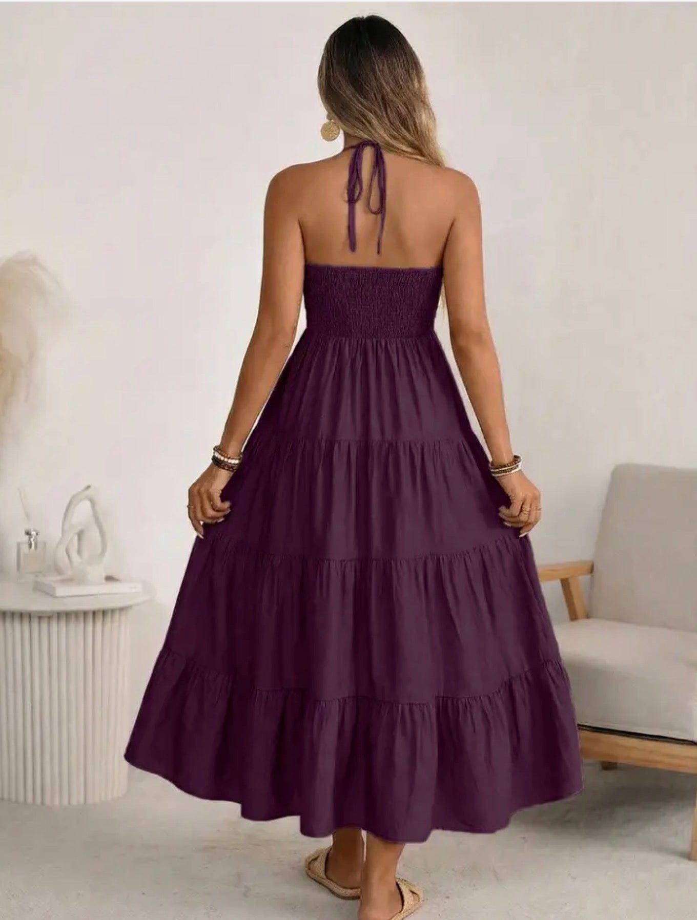 Solid Cotton Maxi Dress Boho Halter Smocked Back