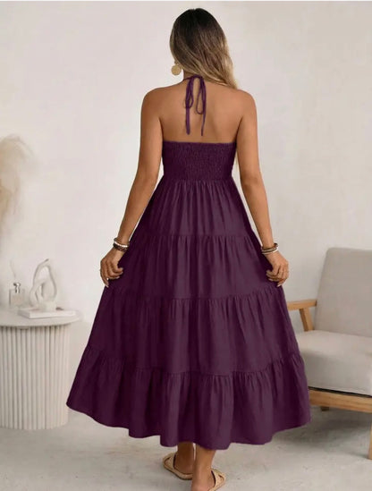 Solid Cotton Maxi Dress Boho Halter Smocked Back