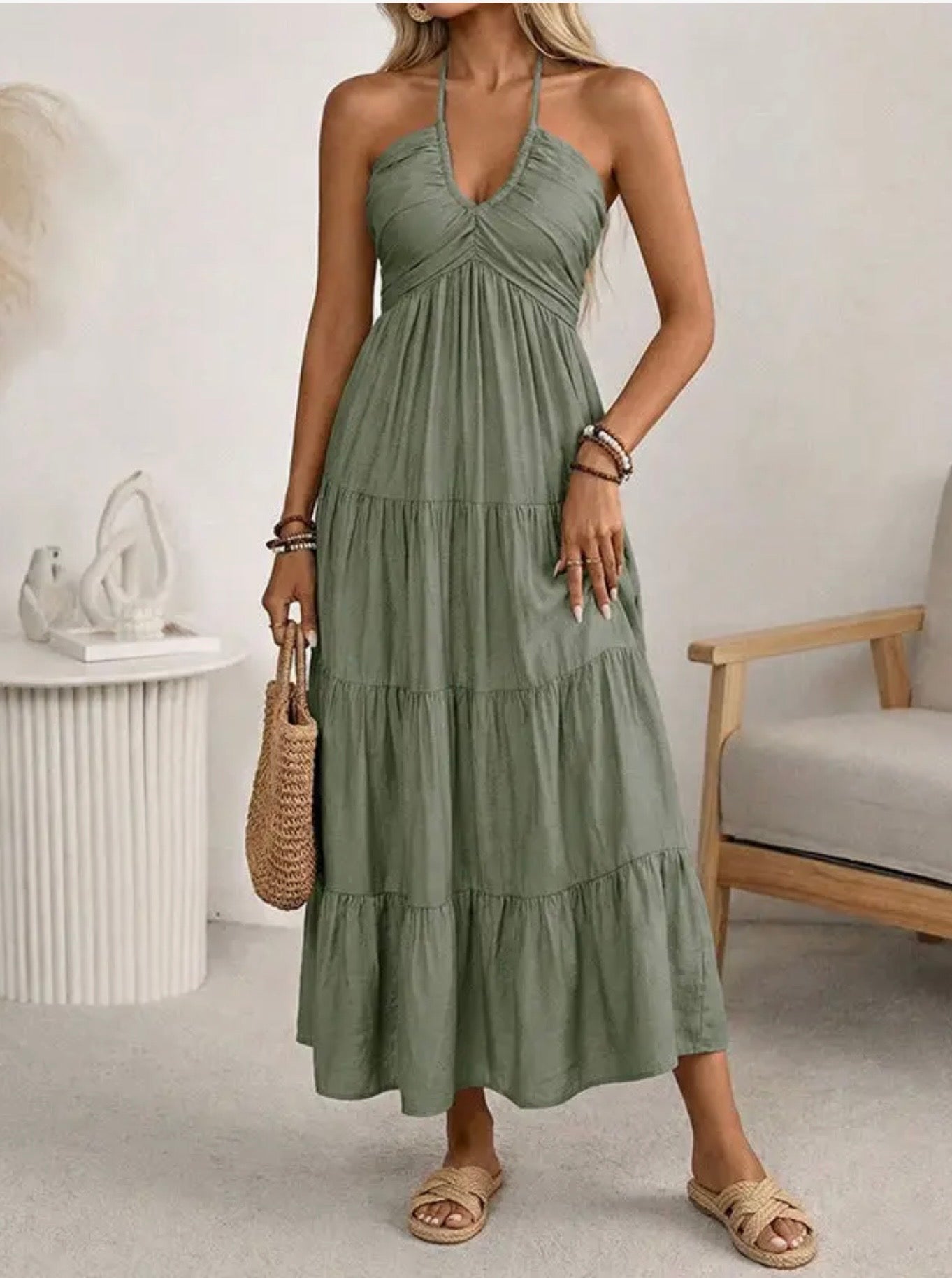 Solid Cotton Maxi Dress Boho Halter Smocked Back