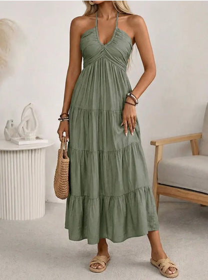 Solid Cotton Maxi Dress Boho Halter Smocked Back