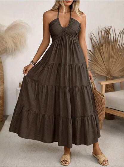 Solid Cotton Maxi Dress Boho Halter Smocked Back