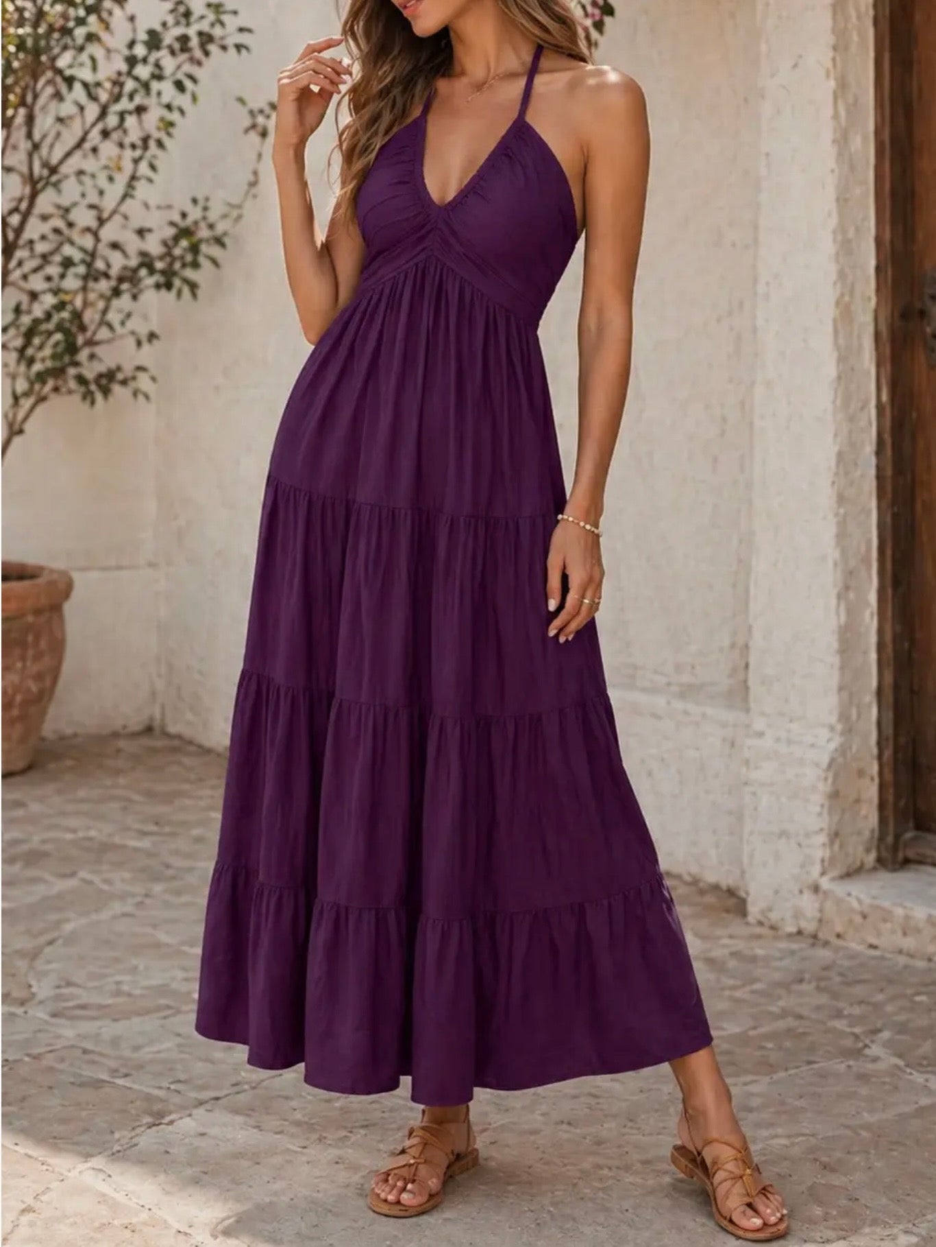 Solid Cotton Maxi Dress Boho Halter Smocked Back