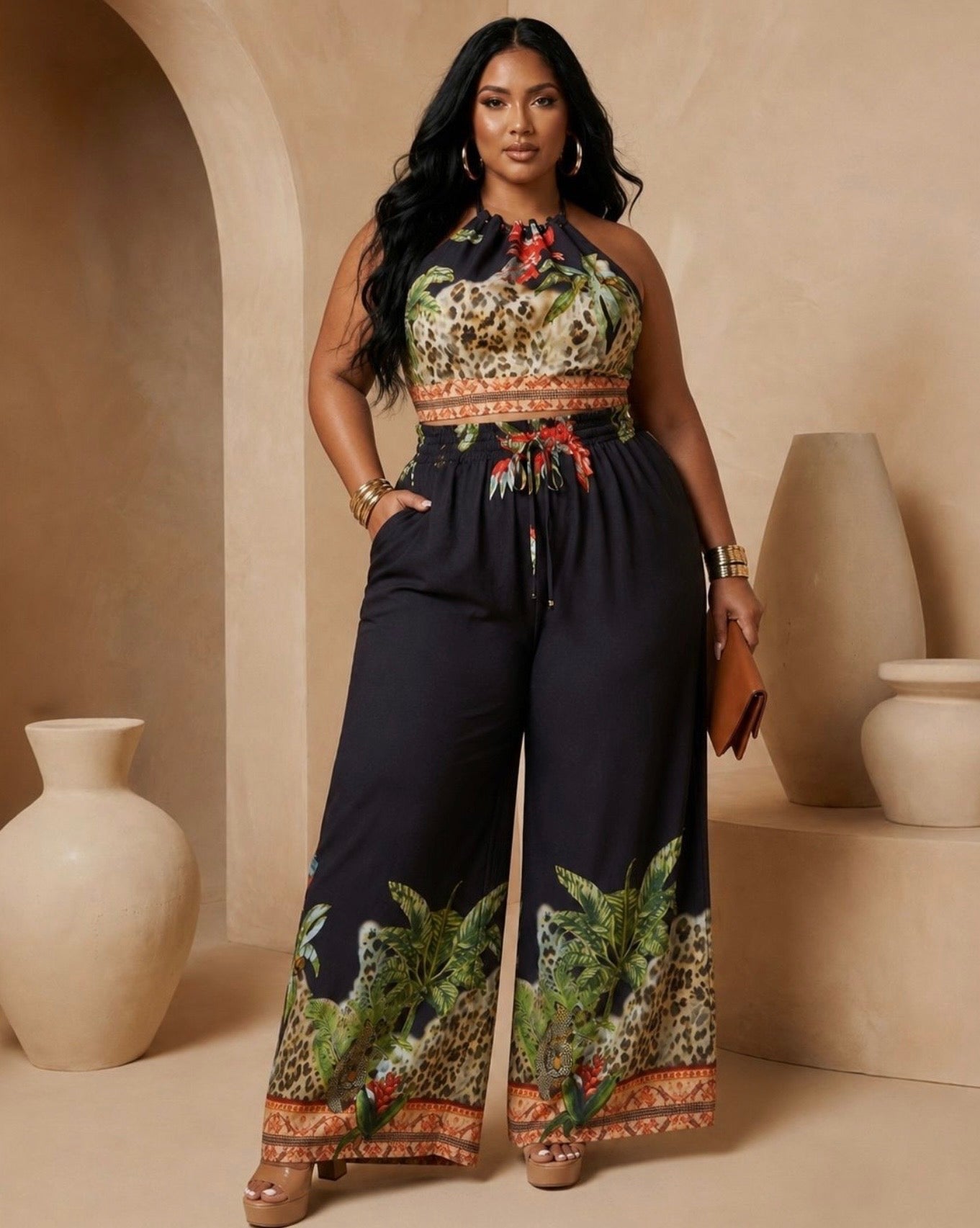Plus Size Halter Neck Top with Wide Pants Set