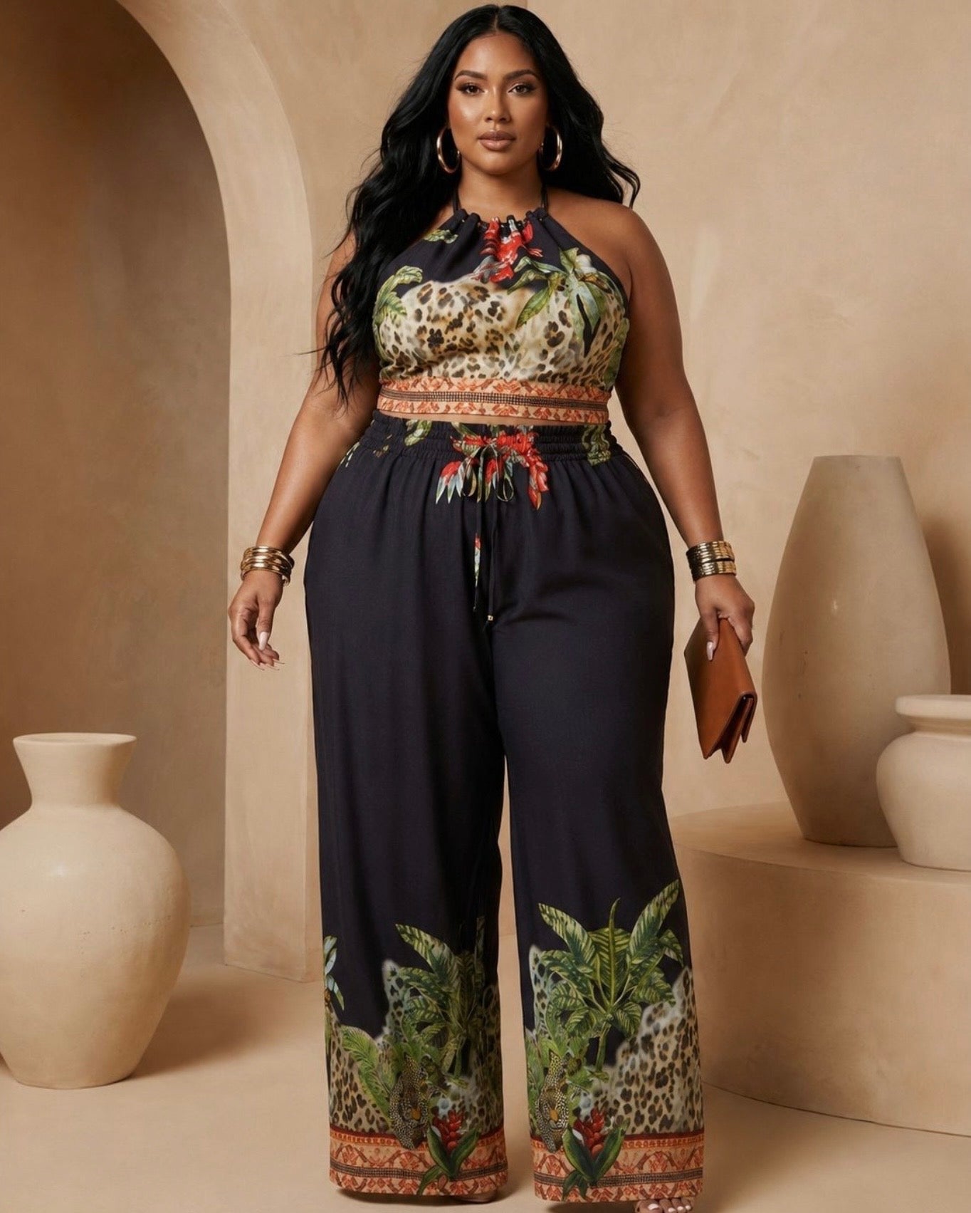Plus Size Halter Neck Top with Wide Pants Set