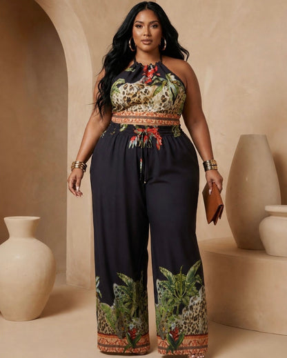 Plus Size Halter Neck Top with Wide Pants Set