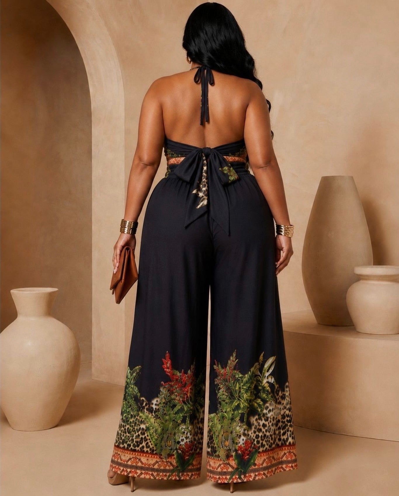 Plus Size Halter Neck Top with Wide Pants Set