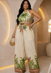 Plus Size Halter Neck Top with Wide Pants Set