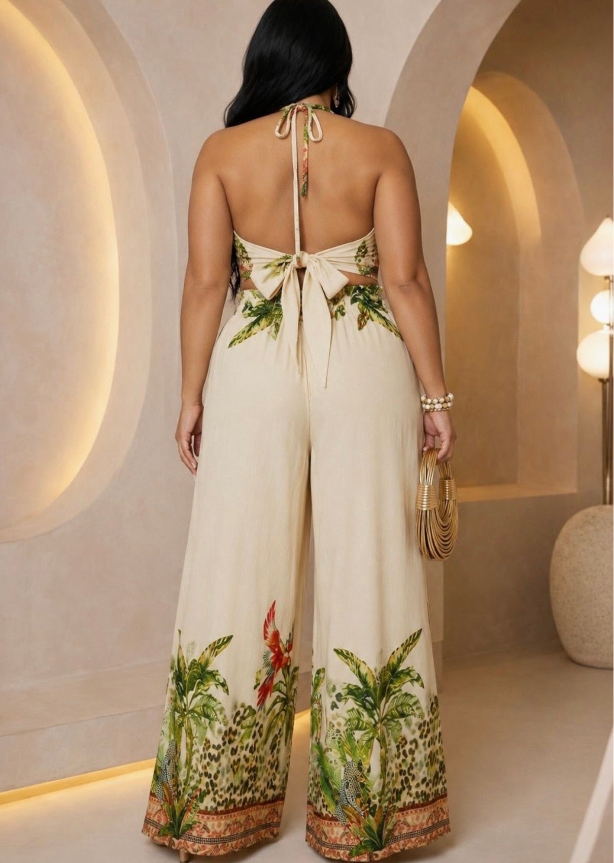 Plus Size Halter Neck Top with Wide Pants Set