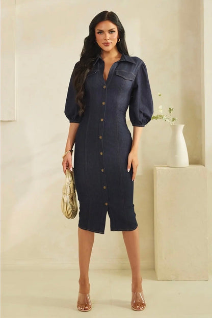 Fitted Denim Puff Sleeve Midi Dress