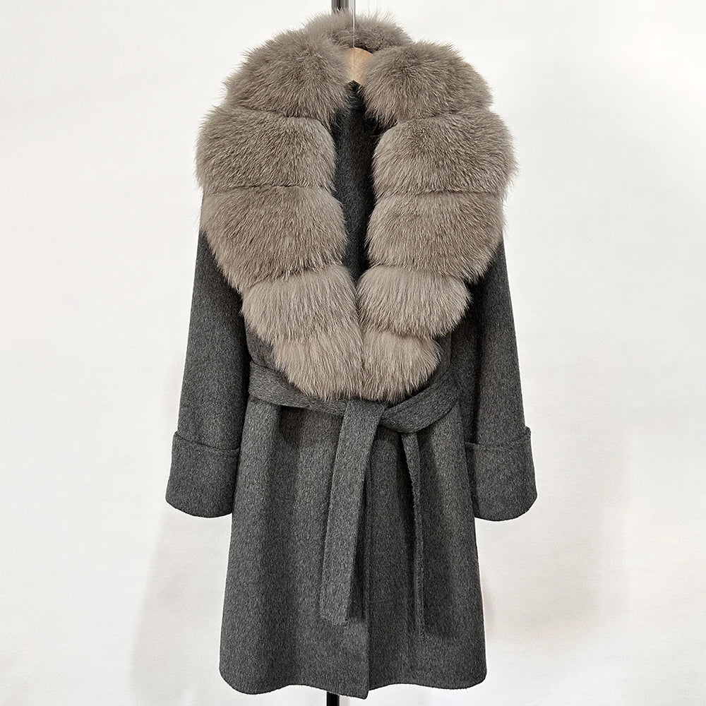 Women's Cashmere-Wool-Blend Fox Fur Collared Coat
