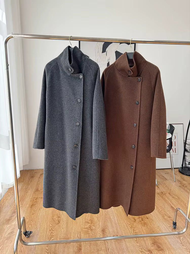 Women's 100% Wool Stand Collar Long Coat