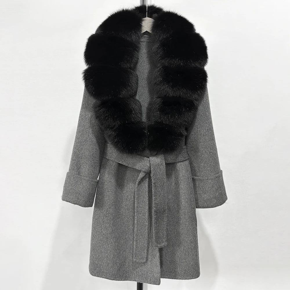Women's Cashmere-Wool-Blend Fox Fur Collared Coat