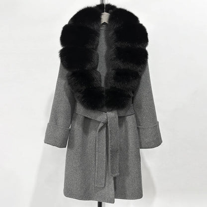 Women's Cashmere-Wool-Blend Fox Fur Collared Coat