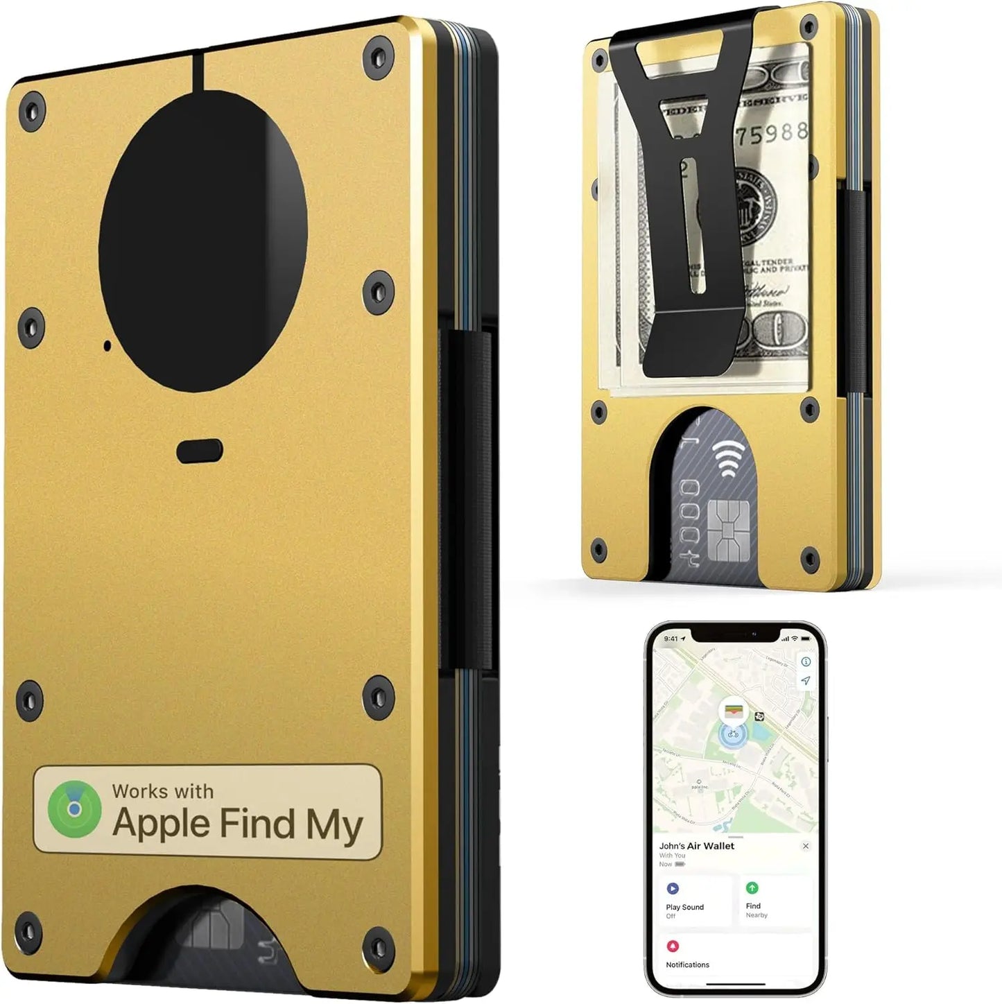 RFID Blocking Slim Wallet, Compatible with Find My iOS Only, Detachable Money Clip